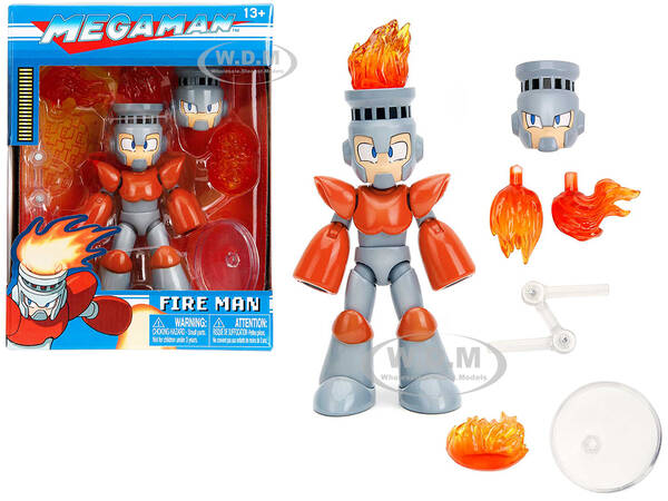 Fire Man 5.5 Moveable Figure with Accessories and Alternate Head and Hands Mega Man (1987) Video Game Model by Jada