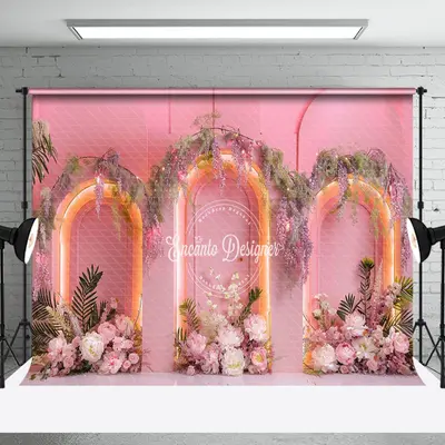 Aperturee Pink Arch Wall Greenery Floral Light Wedding Backdrop | Wedding Photo Booth Backdrop | Wedding Stage Backdrop | Bac...