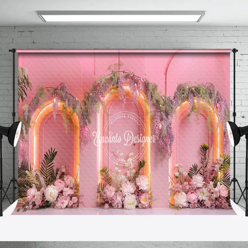 Aperturee Pink Arch Wall Greenery Floral Light Wedding Backdrop | Wedding Photo Booth Backdrop | Wedding Stage Backdrop | Bac...