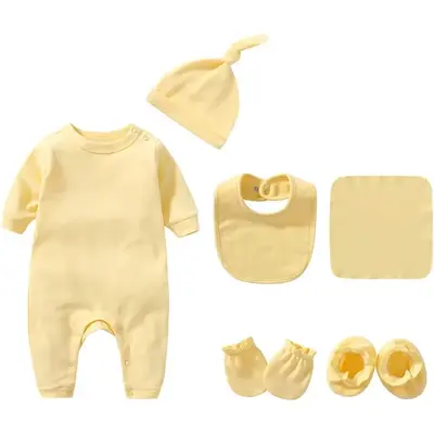Infant Romper+Burp Cloth+Bib+Mittens+Shoes+Cap Set Breathable Healthy Fabric Tops for Baby
