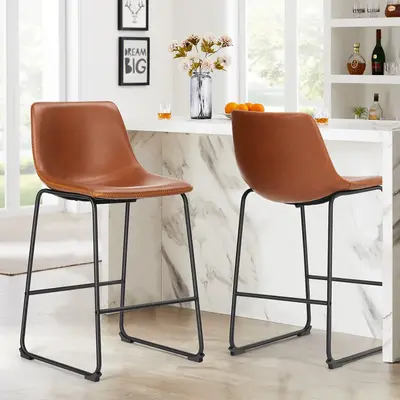 SweetFurniture Counter Height Bar Stools, 26 inch Dining Chairs with Metal Legs and Footrest, Modern Faux Leather Barstools f...
