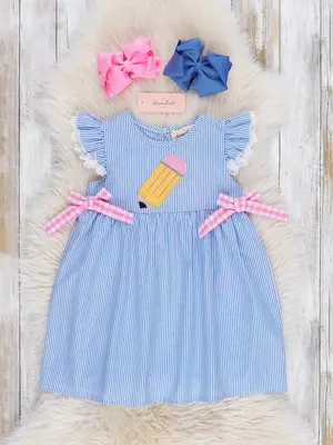 Chambray Embroidered Gingham Pencil Flutter Dress