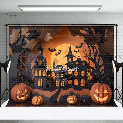 Aperturee Black Orange Pumpkin Castle Halloween Photo Backdrop - Aperturee