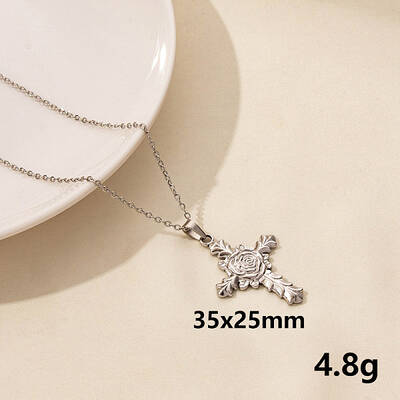 Vintage Stainless Steel Cross with Rose Pendant Lock Collarbone Chain Necklace for Women