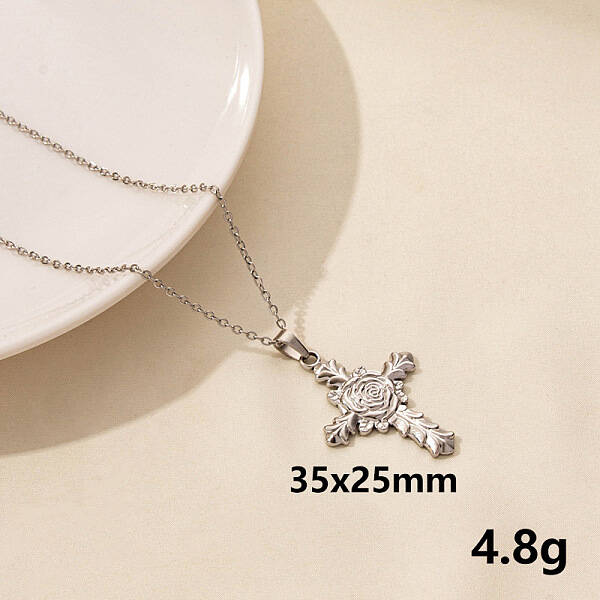 Vintage Stainless Steel Cross with Rose Pendant Lock Collarbone Chain Necklace for Women