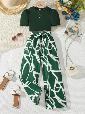 Two-Piece Set Toddler Girl's Striped Print Crop Top & Belted Pants Set, Casual Round Neck Short Sleeve Top & Trousers for Dai...