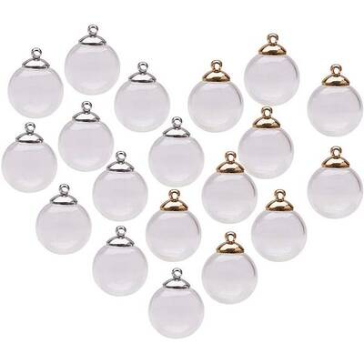 30 Sets Handmade Round Blown Globe Wish Glass Ball Bottles with Cap DIY Memory Lockets Pendant Charm Craft