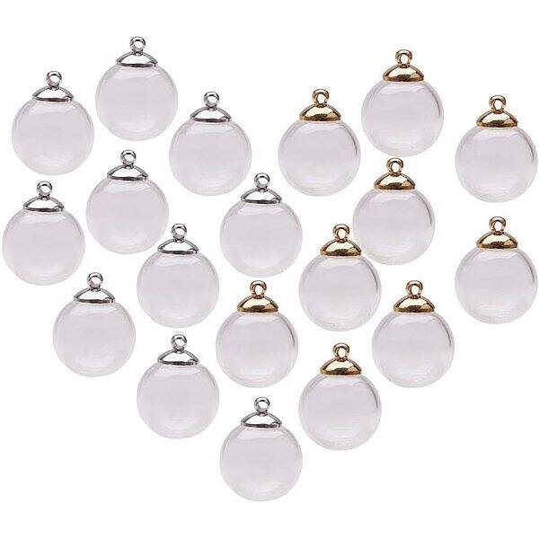 30 Sets Handmade Round Blown Globe Wish Glass Ball Bottles with Cap DIY Memory Lockets Pendant Charm Craft