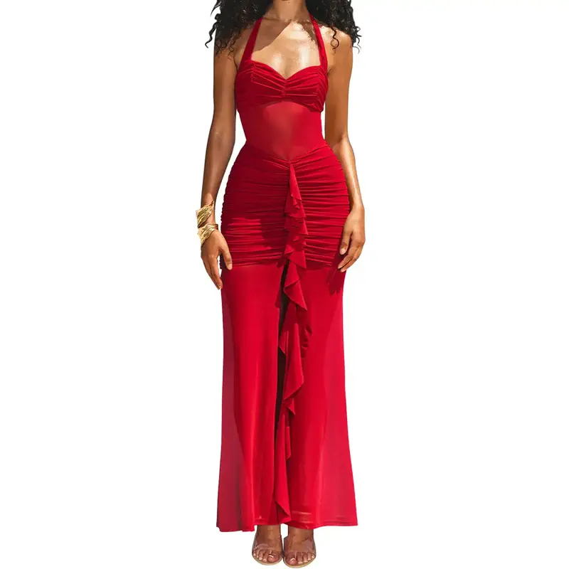 Aprilake Women's Sleeveless Halter Neck Sexy Mesh Bodycon Ruched Front Split Ruffle Long Maxi Dress
