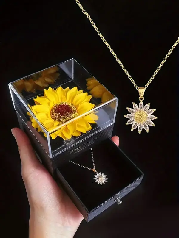 Sunflower Pendant Necklace with Gift Box, Fashion Matching Necklace Jewelry for Party, Fall Daily Clothing Decoration, Trendy...