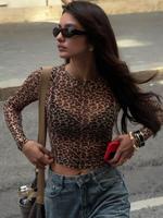 Women's Leopard Print Sheer Crop Tee, Fashion Casual Crew Neck Long Sleeve T-shirt for Daily Outdoor Wear, Women Tops, Vintag...