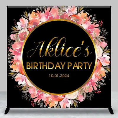Pink Floral Golden Circle Custom Birthday Backdrop - Aperturee