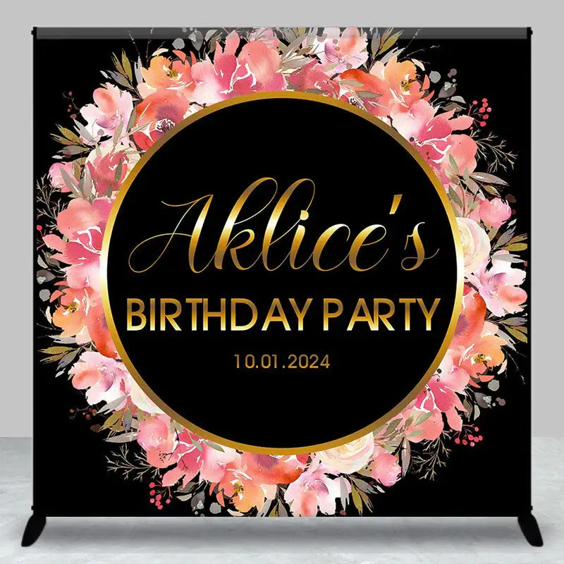 Pink Floral Golden Circle Custom Birthday Backdrop - Aperturee