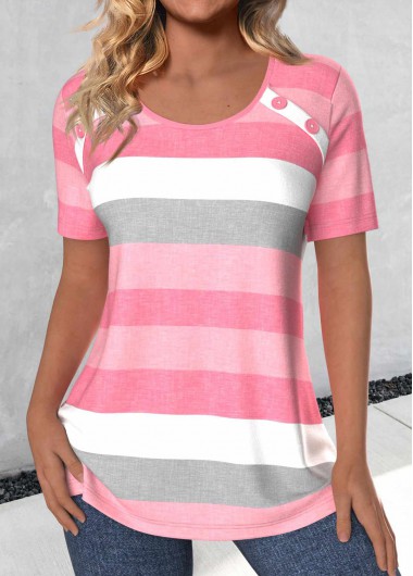 Modlily Light Pink Button Striped Short Sleeve T Shirt - XXL