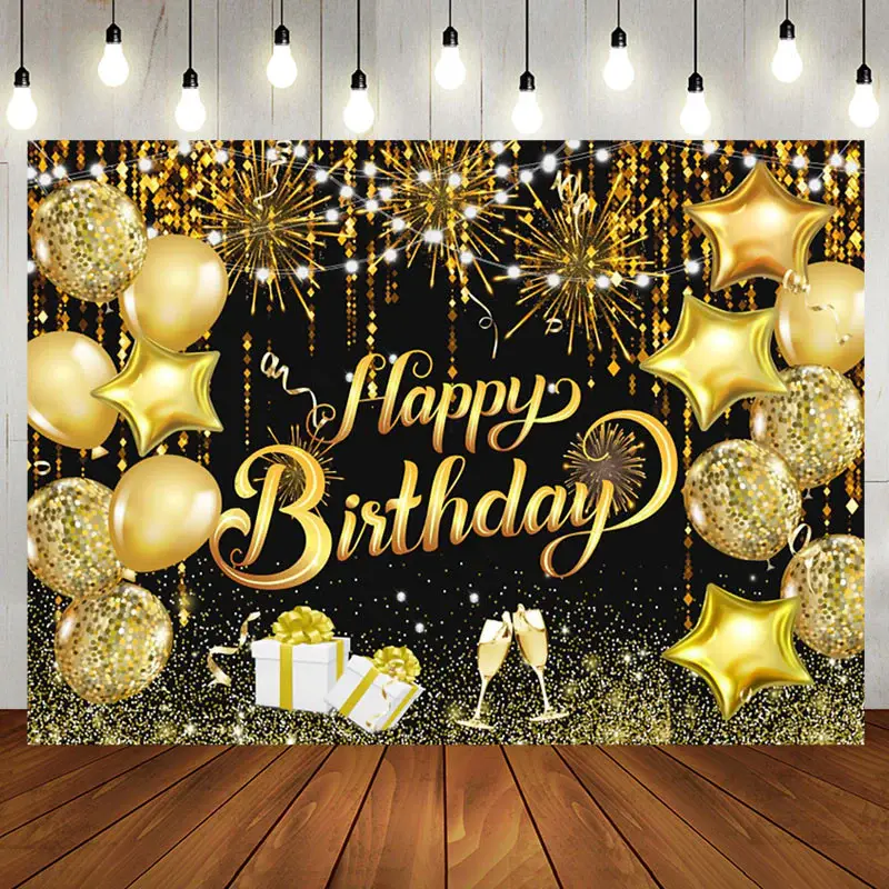 Aperturee Black Gold Balloons Sparkle Happy Birthday Backdrop, 5X3FT(1.5X1M), 15.07 USD, birthday backdrops, NYHD1I18-E