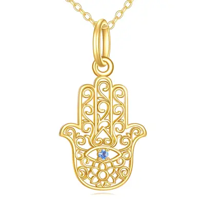 14K Gold Cubic Zirconia Lotus & Hamsa Hand Pendant Necklace