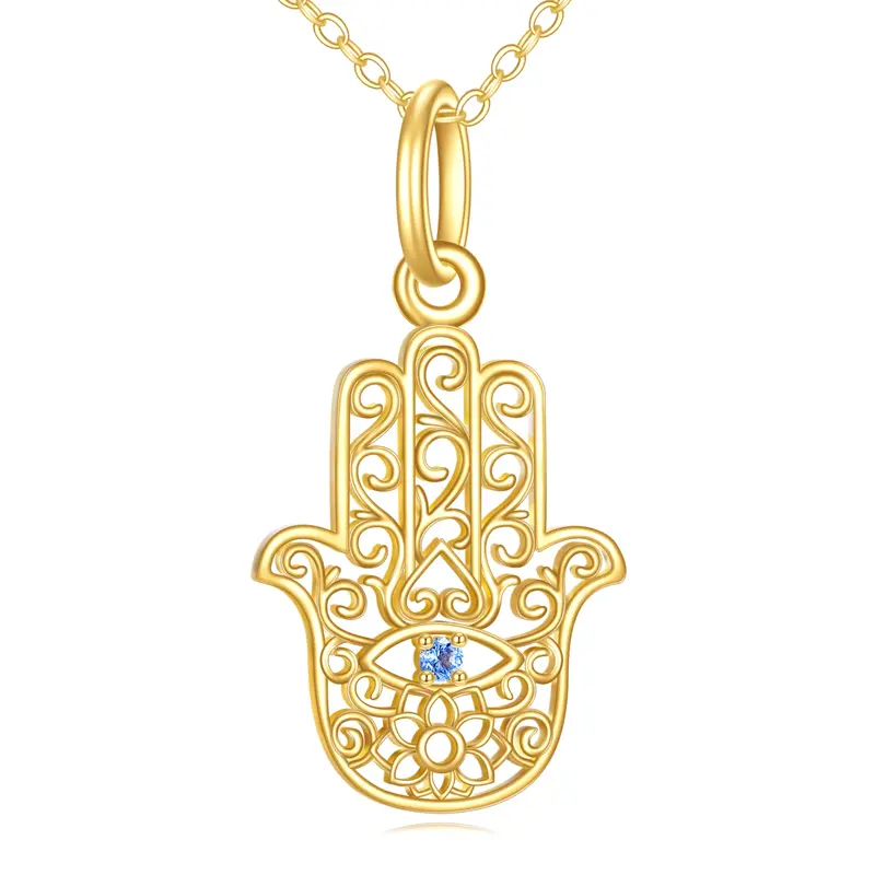 14K Gold Cubic Zirconia Lotus & Hamsa Hand Pendant Necklace