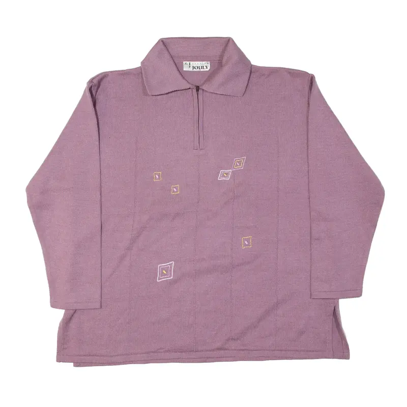 FASHION JOULY Patterned Jumper Purple 90s Crazy Pattern Tight Knit 1/4 Zip Womens XL