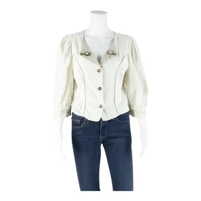 SIEBENSTEIN Womens Cropped Blouse Beige V-Neck 3/4 Sleeve M