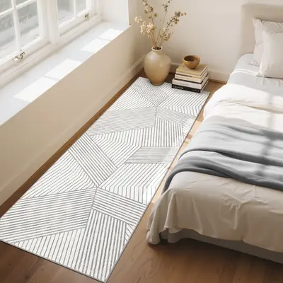 Garvee Washable 2x6 Grey Hallway Runner Low Pile Non Slip Kitchen Rug Geometric Stripped Lines Print Indoor Carpet for Laundr...