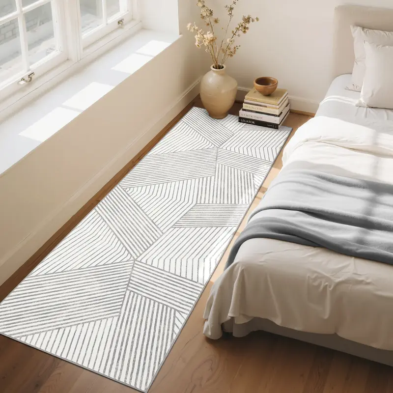 Garvee Washable 2x6 Grey Hallway Runner Low Pile Non Slip Kitchen Rug Geometric Stripped Lines Print Indoor Carpet for Laundr...