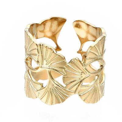 304 Stainless Steel Ginkgo Leaf Wrap Open Cuff Ring