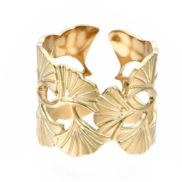 304 Stainless Steel Ginkgo Leaf Wrap Open Cuff Ring