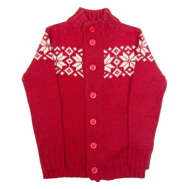 WOOLOVERS Mens Icelandic Cardigan Red Crazy Pattern Button Neck Wool XS