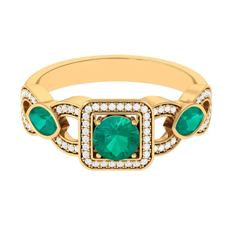 10K Gold 0.8 CT.T.W. Radiant Cut Emerald & Diamond Vintage Engagement Band