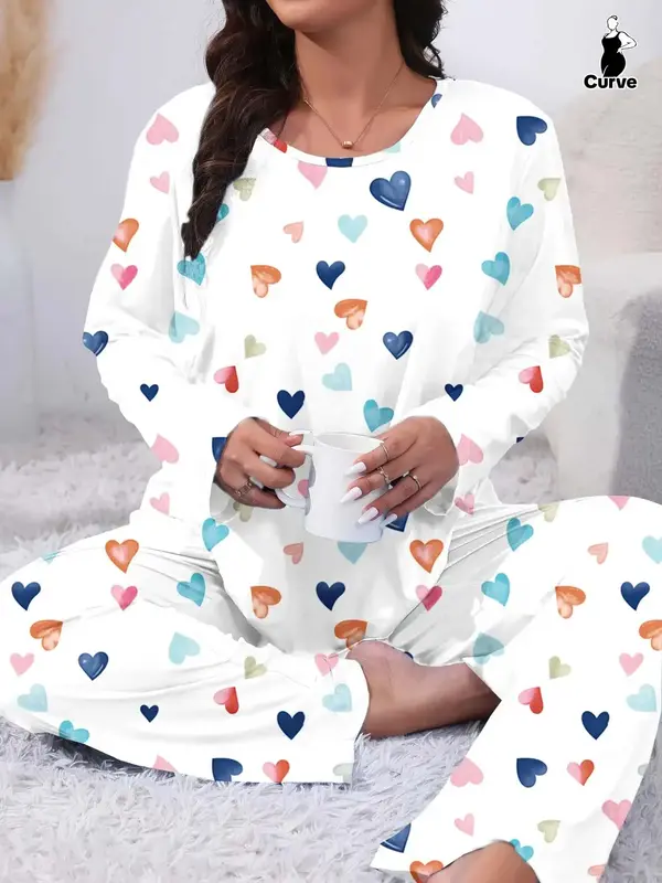 Two-Piece Set Plus Size Heart Print Pyjama Lounge Set, Casual Long Sleeve Tee & Pants, Women's Plus Sleepwear & Homewear for ...