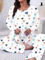 Two-Piece Set Plus Size Heart Print Pyjama Lounge Set, Casual Long Sleeve Tee & Pants, Women's Plus Sleepwear & Homewear for...