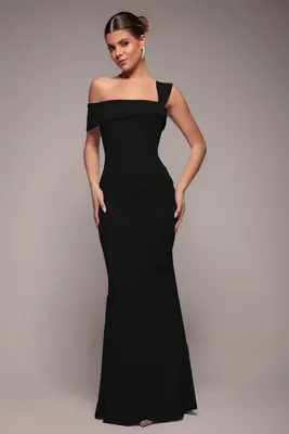 Goddiva Off The Shoulder Pleated Waist Maxi Dress - Black