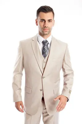 Men's Solid Tan Wedding Suit - Two Button Vested Business Attire