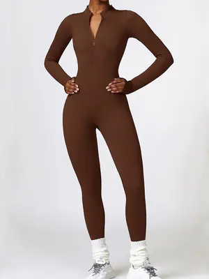 Women's Solid Zip Up Stand Collar Sports Jumpsuit, Fitness Long Sleeve Seamless Jumpsuit for Yoga Gym Workout, Holiday Outfit...