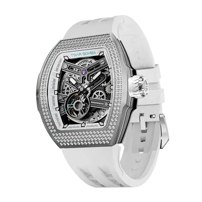 TSAR BOMBA Men's Automatic Skeleton Watch | Interchangeable Luxury Design | White | Atomic TB8218 | Cubic Zirconia