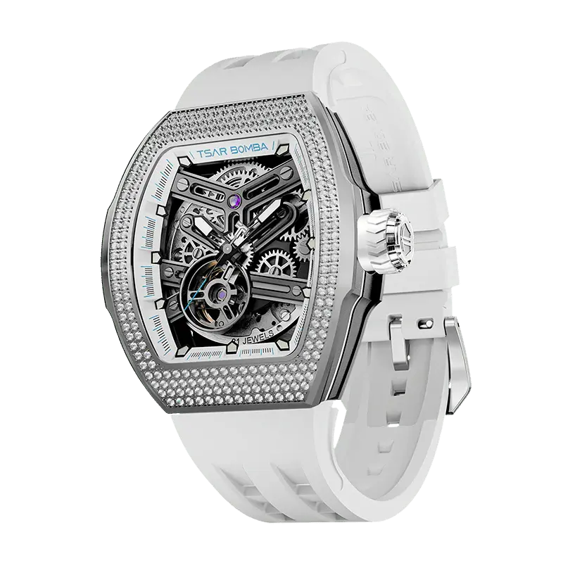 TSAR BOMBA Men's Automatic Skeleton Watch | Interchangeable Luxury Design | White | Atomic TB8218 | Cubic Zirconia
