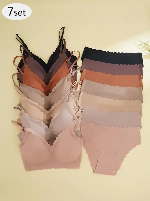 Women's Solid Color Scallop Trim Seamless Bra & Panty Set, Fashion Soft Comfy Breathable Backless Bra & Seamless Panties Se...