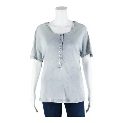 TOGETHER 1/2 Button Denim Top Blue Short Sleeve Womens L