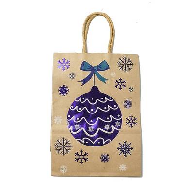 Christmas Theme Blue Printed Kraft Paper Tote Bags with Handles