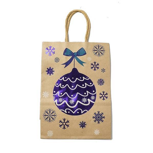 Christmas Theme Blue Printed Kraft Paper Tote Bags with Handles