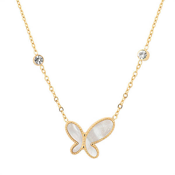 Natural Shell Butterfly Pendant Necklace with Cubic Zirconia