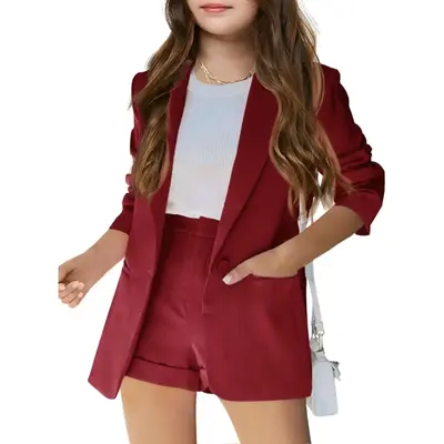 Haloumoning Girls 2 Piece Outfits Button Front Long Sleeve Blazer and Short Pants Suit Sets 4-14 Years
