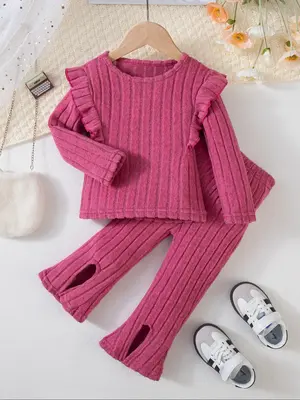 2-piece autumn girls' solid color outfit with fashionable ruffled long-sleeved top and trousers, cute and elegant baby girl r...