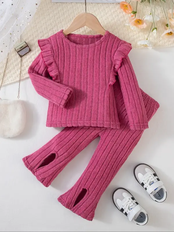 2-piece autumn girls' solid color outfit with fashionable ruffled long-sleeved top and trousers, cute and elegant baby girl r...