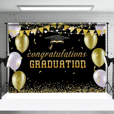 Black Gold Purple Balloon Ribbon Graduation Backdrop - Aperturee