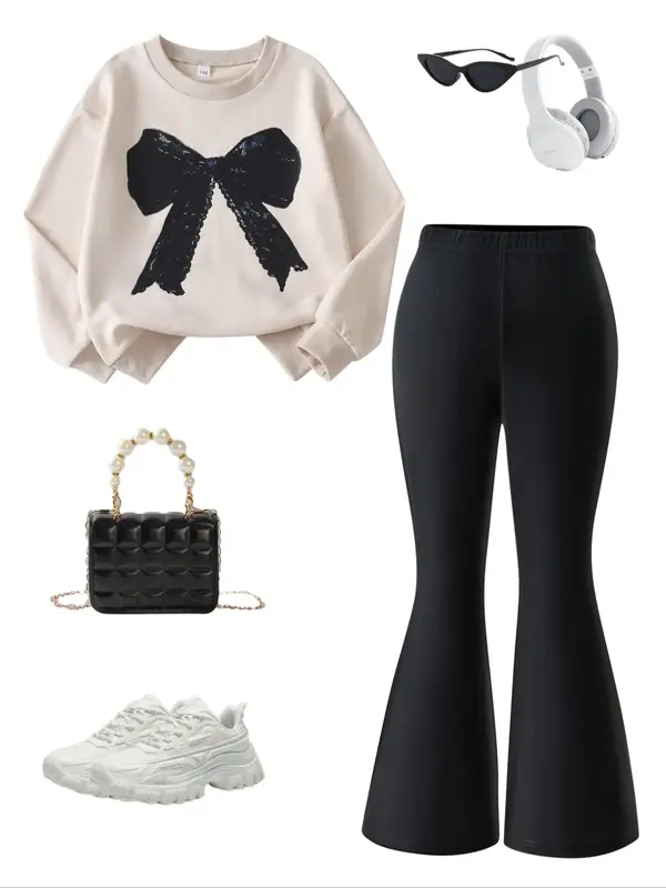 Girls' Fall Winter Fashion Set, Bow Print Sweatshirt & Slim Fit Bell Pants, Casual Style, Regular Length, Moderate Fabric Thi...