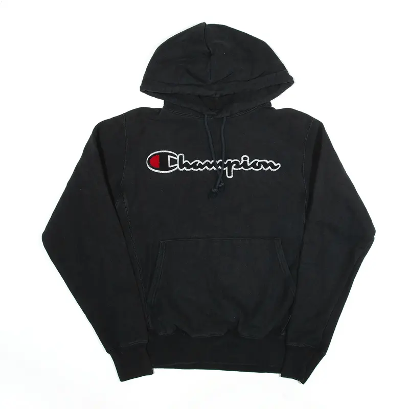 CHAMPION Reverse Weave Flocking Hoodie Black Pullover Mens S