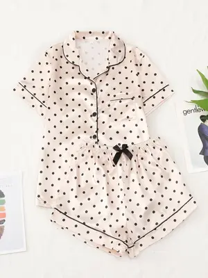 Women's Polka Dot Print Bow Decor Pyjama Set, Summer Clothes Women, Soft Satin Button Front Top & Elastic Waist Bottoms PJ S...
