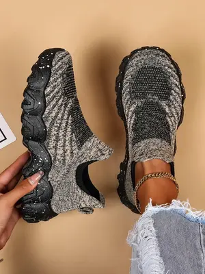 Women's Fashionable Breathable Lightweight Striped Pattern Mesh Sneakers, Summer Casual Comfortable Sports Slip on Running Sh...