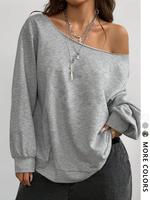 Women's Plain Off Shoulder Sweatshirt, Casual Street Fashion Long Sleeve Pullover for Daily Wear, Ladies Summer Clothes